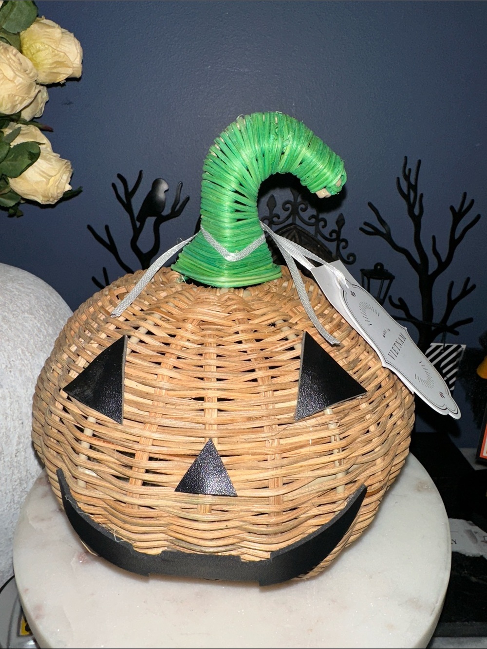 Wicker Pumpkin Lantern with Green Twisted Stem - Home Accents Jack o lantern